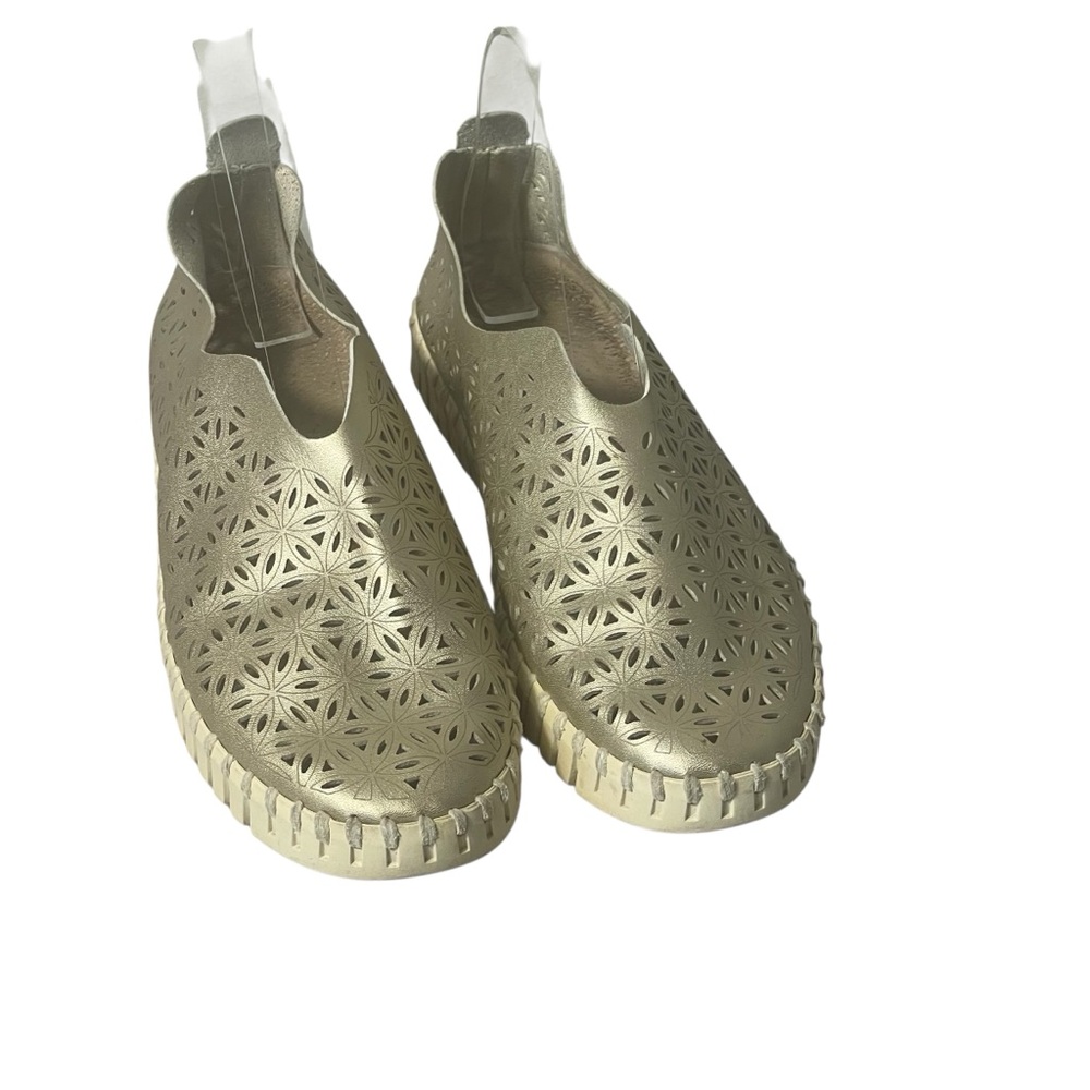 Ilse Jacobsen Gold Metallic Perforated Leather Slip On Comfort Shoes Sz 37